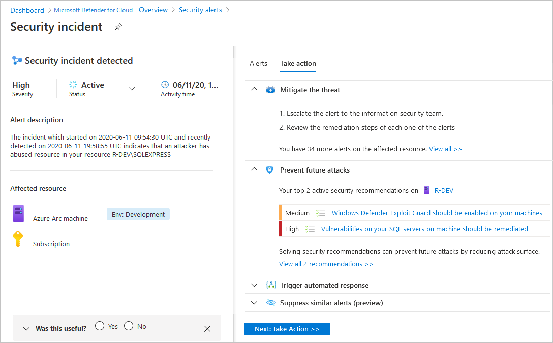 Incident's take action tab.