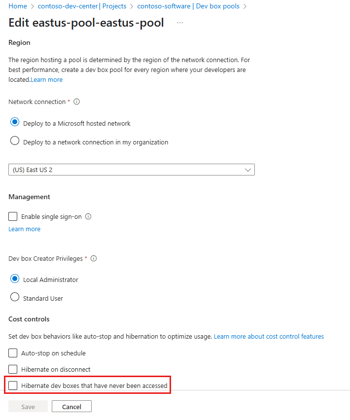 Screenshot of the Dev Box pool settings page showing the option to enable hibernation for dev boxes that have not been connected.