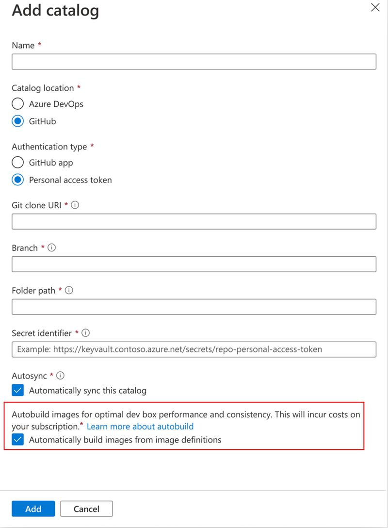 Screenshot showing the automatically build an image option in catalog settings.