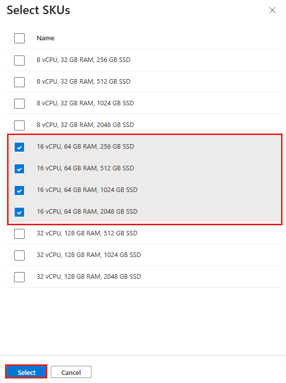 Screenshot showing the Select SKUs pane in the Azure portal, with multiple SKUs selected.