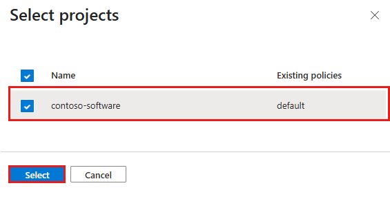Screenshot showing the selected target projects for a custom project policy in the Azure portal.