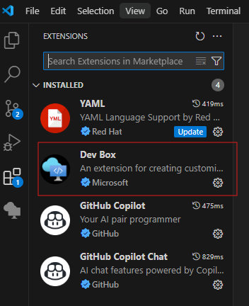Screenshot of the Extensions pane in Visual Studio Code, showing the Dev Box extension.