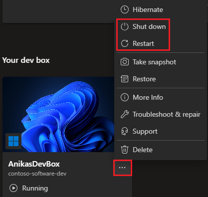 Screenshot of the developer portal showing the actions menu for a running dev box.