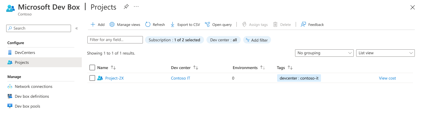 Screenshot of the Projects list with a project selected to assign DevCenter roles in the Azure portal.