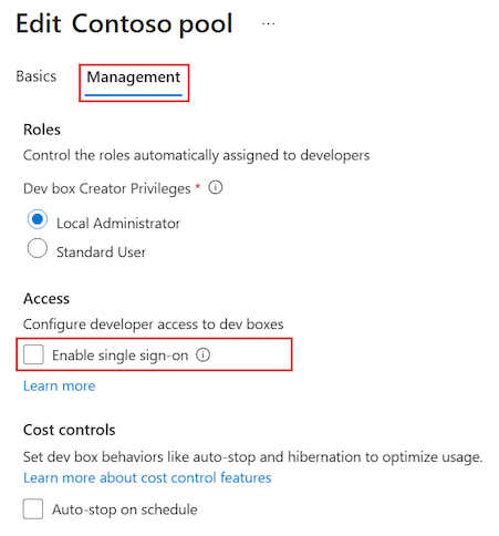 Screenshot that shows the Edit pool page with the Enable single sign-on option cleared.
