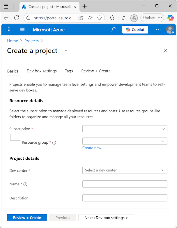 Screenshot of the Create a project pane with the Basics tab open.