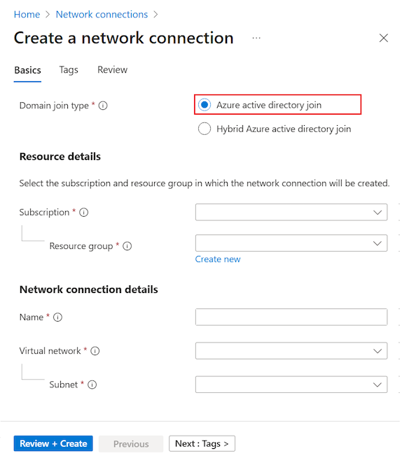 Screenshot that shows the Basics tab on the pane for creating a network connection, with the option for Microsoft Entra join selected.
