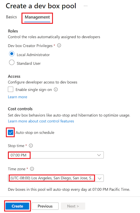 Screenshot of the Create dev box pool dialog.