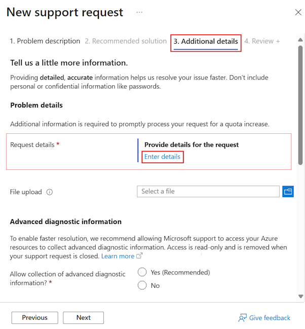 Screenshot showing the Additional details tab for a new support request with the Enter details link highlighted.