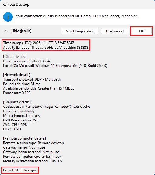 Screenshot that shows the Troubleshooting connection information dialog box.
