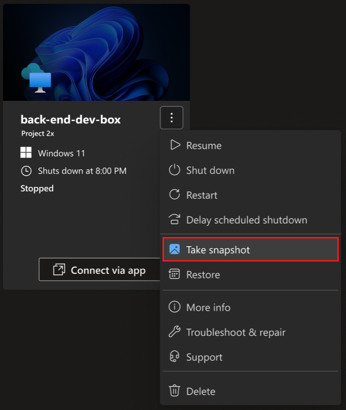 Screenshot of the developer portal, showing the actions menu for a dev box with the Take snapshot option highlighted.