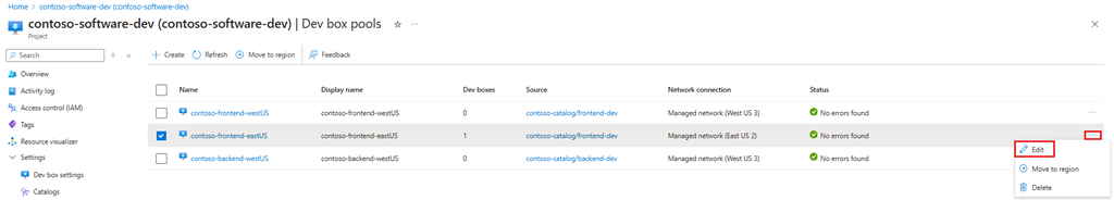 Screenshot of the Azure portal Dev box pool Edit pane with the operations menu and Edit command visible.