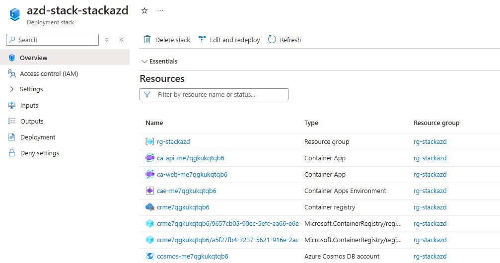 A screenshot showing the deployment stack details.