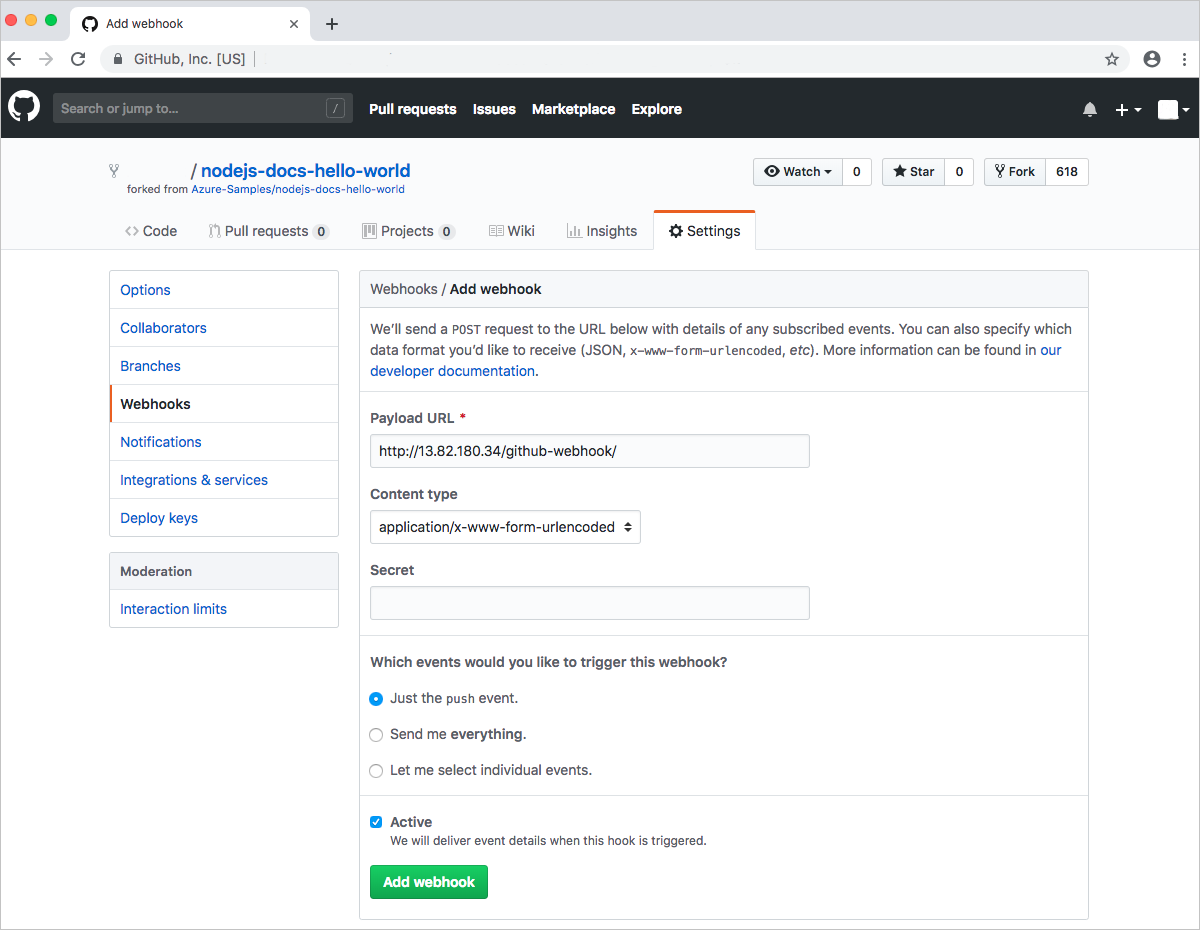 Add GitHub webhook to your forked repo
