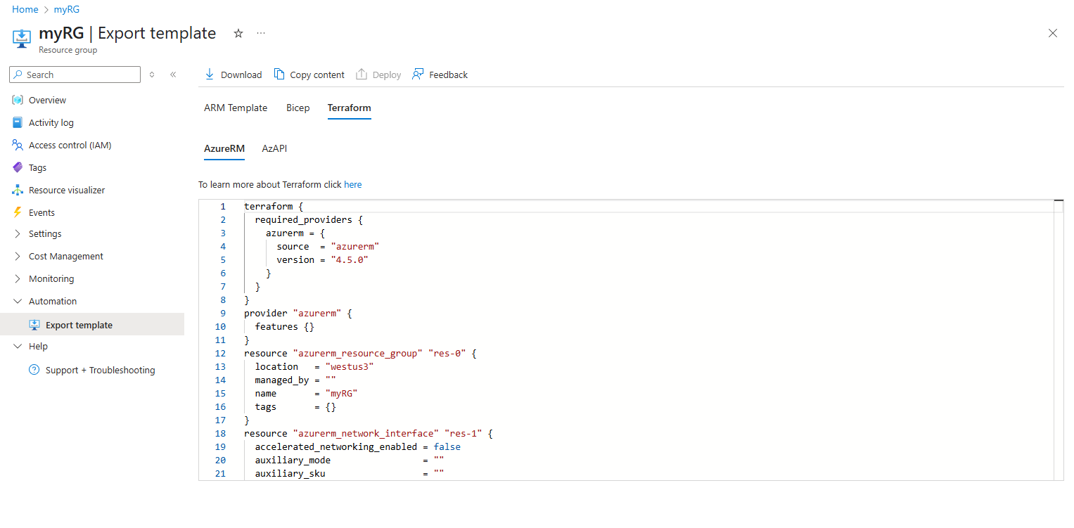 Screenshot of exporting Terraform resources within Azure portal.