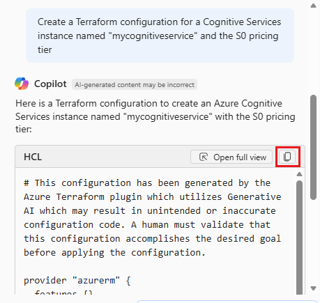 Screenshot of the Azure Copilot copy icon.
