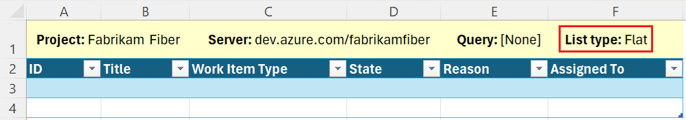 Screenshot of the empty flat list worksheet connected to a project in Excel.