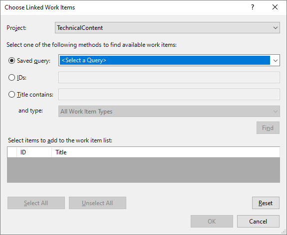Screenshot of the Choose Linked Work Items dialog.