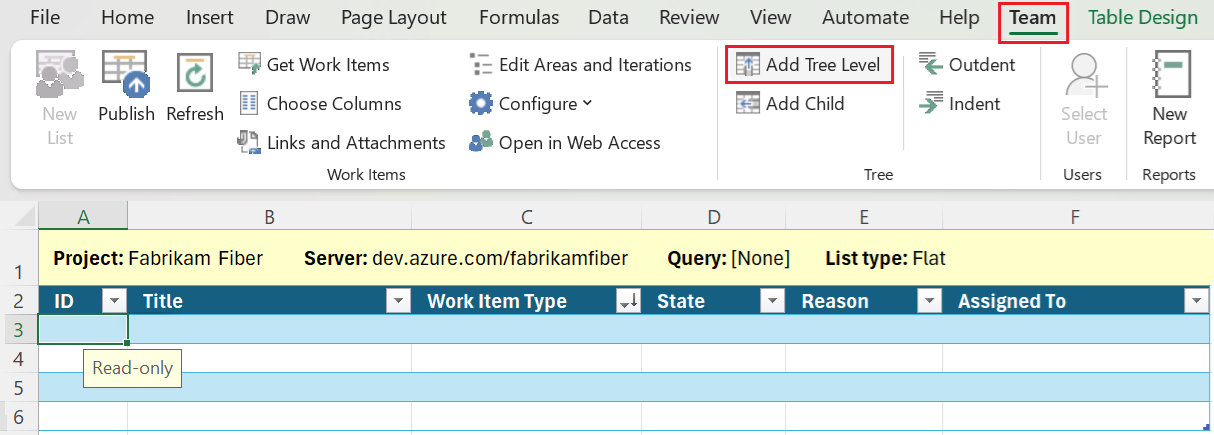 Screenshot of an empty flat list connected to a project and the Add Tree Level option highlighted.