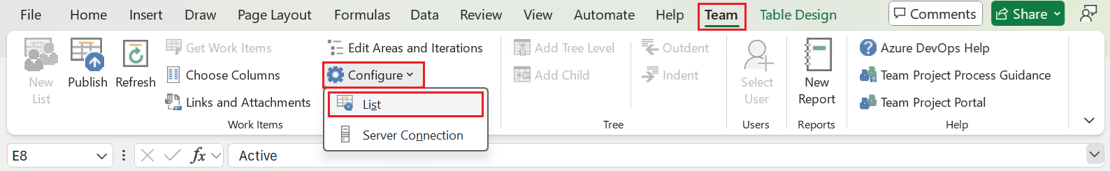 Screenshot of the Team ribbon with the Configure, List option highlighted.