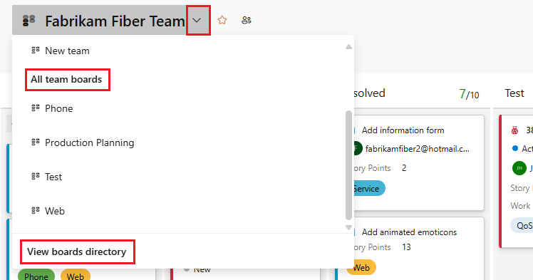 Screenshot that shows selecting another team's board.
