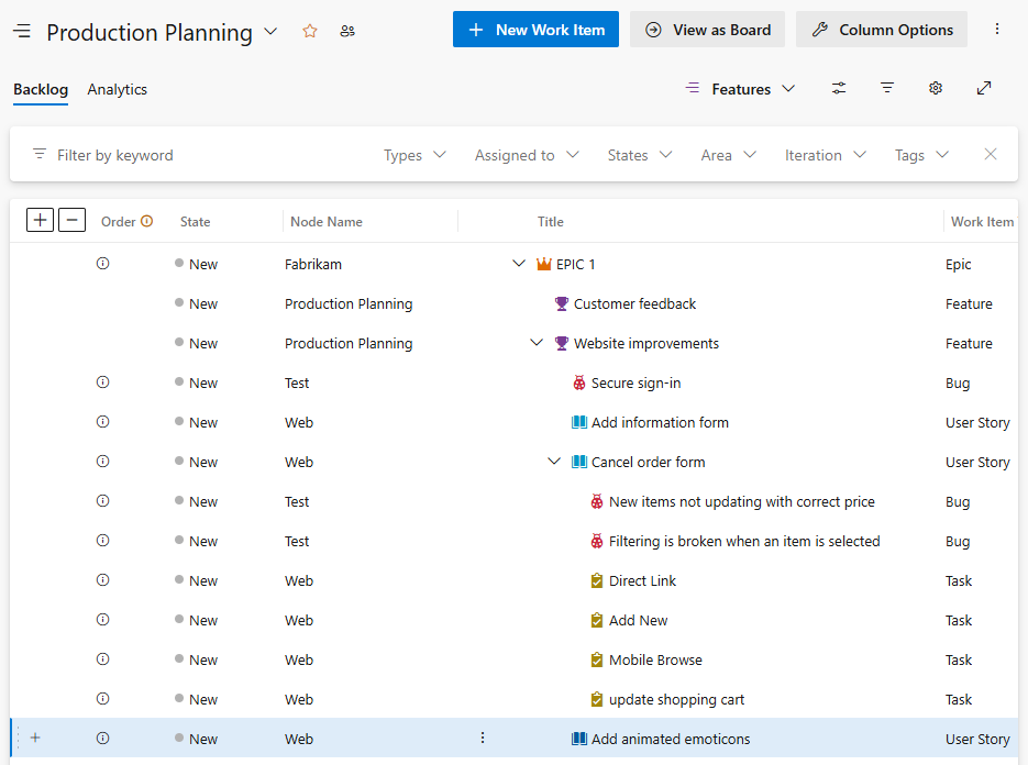 Screenshot shows all backlog items assigned to feature teams.