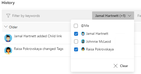 Screenshot that shows filtering the History view by person.