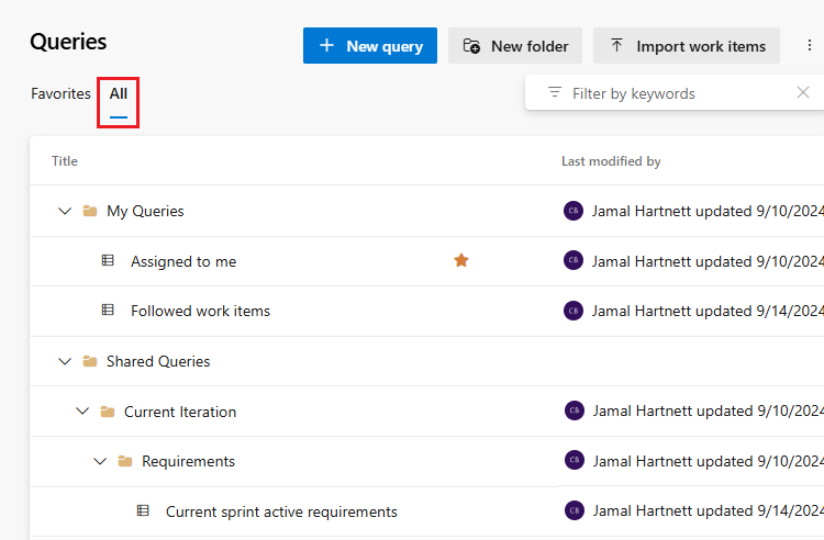 Screenshot of the All tab on the Queries page.