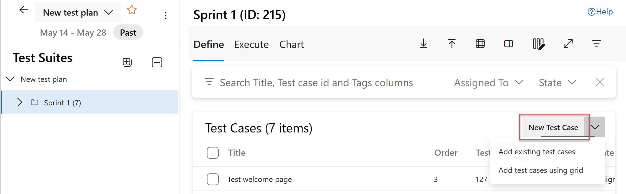 Screenshot that shows selecting the test suite and adding a test case.