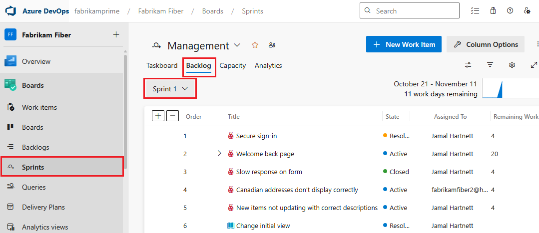 Screenshot of a sprint backlog.