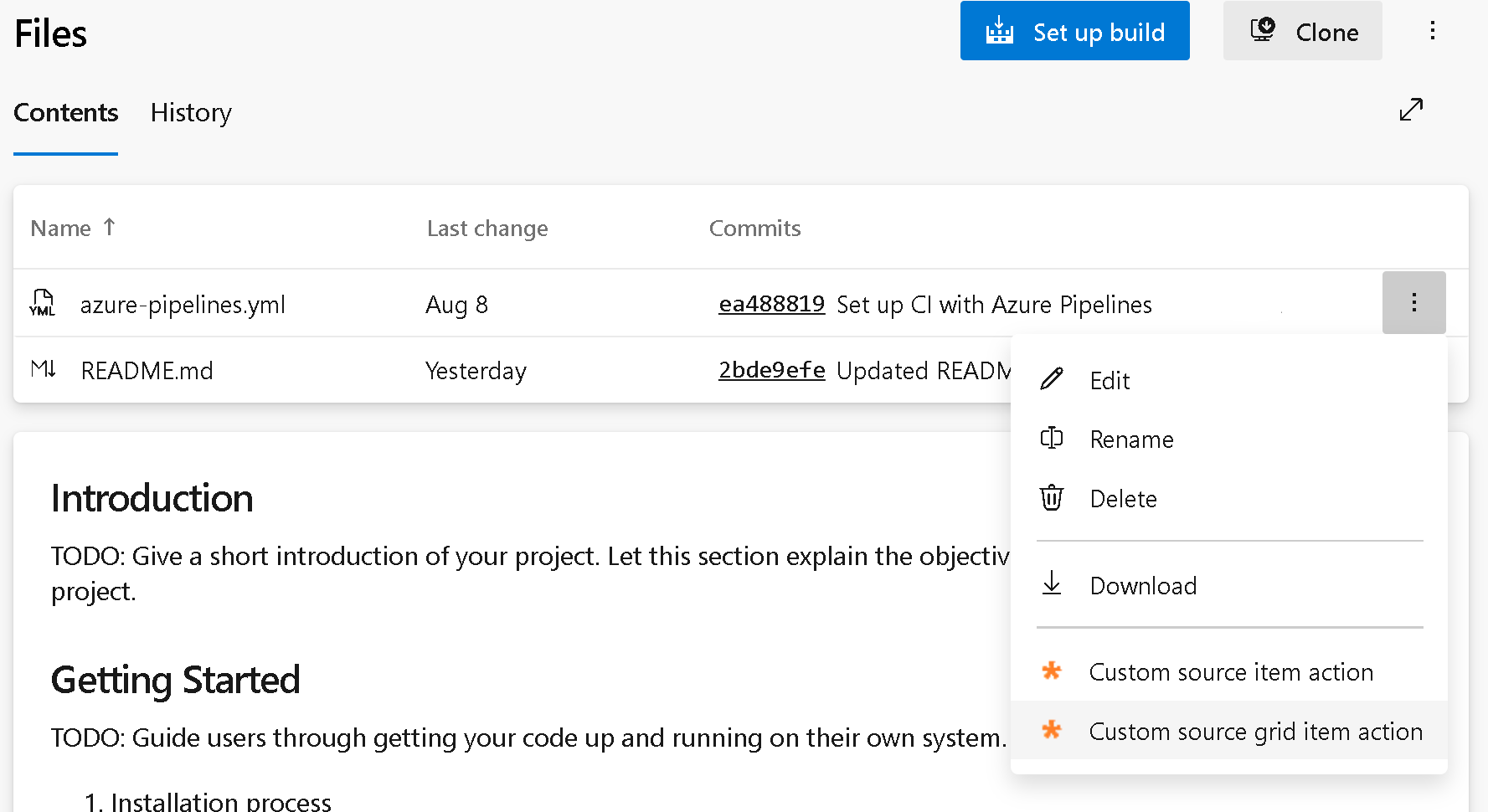 Screenshot of repos item grid actions.