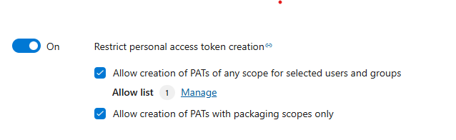 Screenshot of toggle moved to on position and subpolicies checked for Restrict personal access token creation policy.