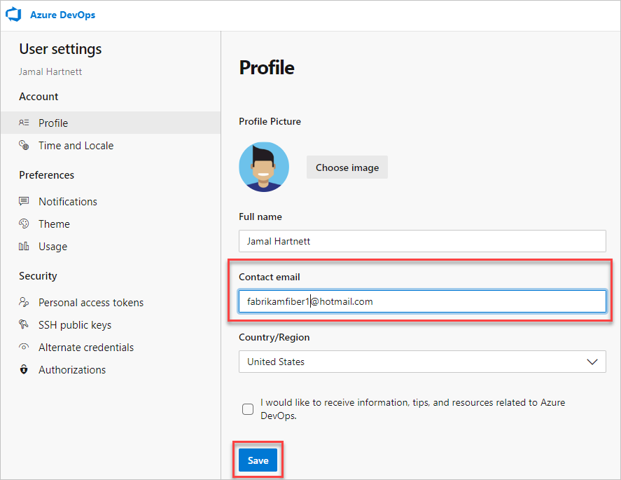 Screenshot showing the contact information page with save option.