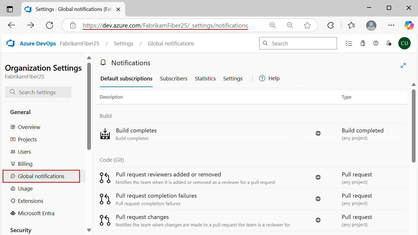 Screenshot that shows how to open the Global notifications page in Azure DevOps by using a URL for your organization.