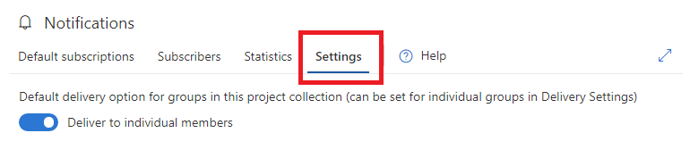 Screenshot of organization-level notifications page showing the Settings section.