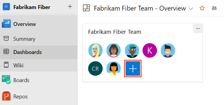 Screenshot of the Team Members widget on a dashboard with the Manage team members action (the plus symbol) highlighted.