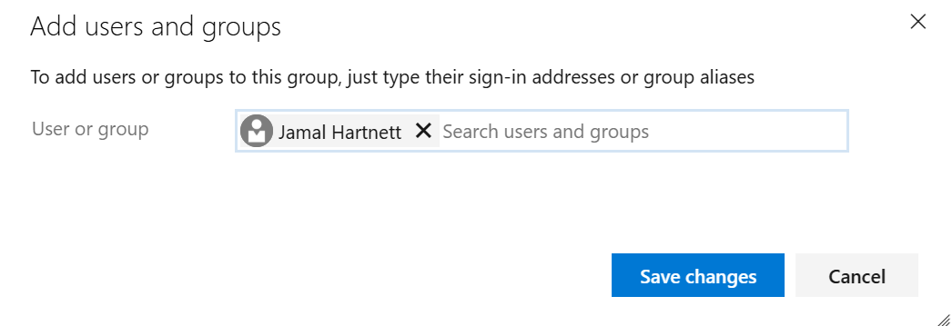 Screenshot showing Add users and group dialog, current page.