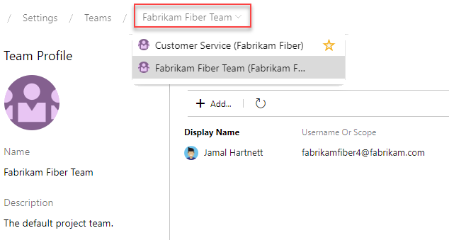 Screenshot of Team Configuration, Team breadcrumb.
