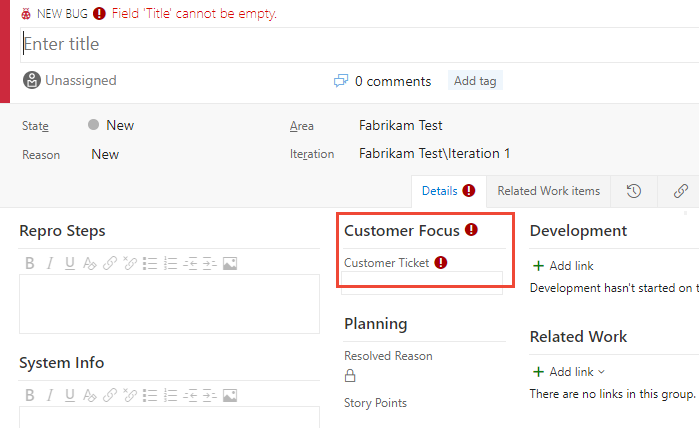 Screenshot shows the New Bug with the Customer Ticket field added.