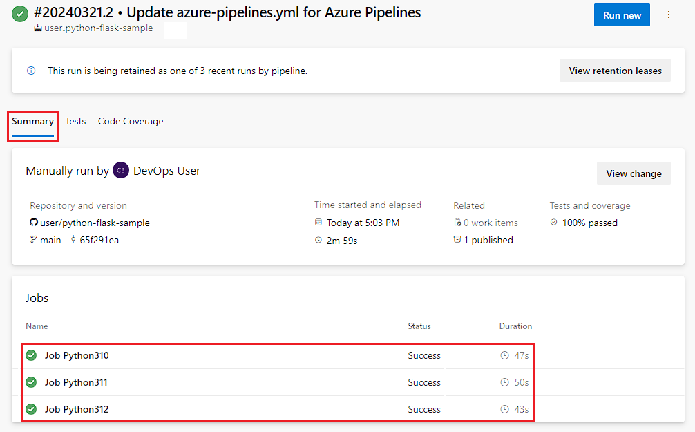 Screenshot of completed Python job with multiple versions.