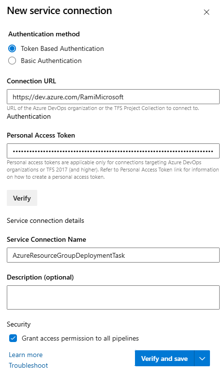 A screenshot displaying how to configure a new service connection for the deployment task.