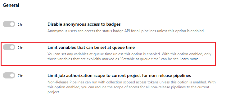 Screenshot of the option limiting variables that can be set at queue time unavailable at project level.