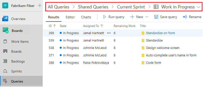 Screenshot of breadcrumbs on query page.