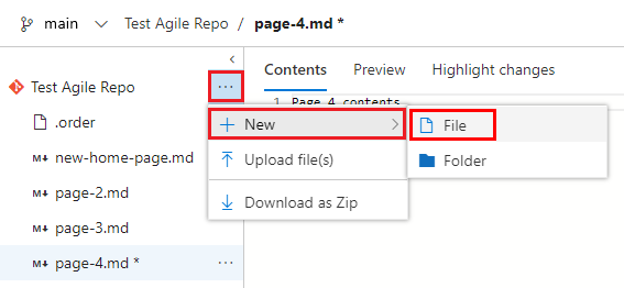 Screenshot that shows how to add a file to the published wiki repo in the Azure DevOps web portal.