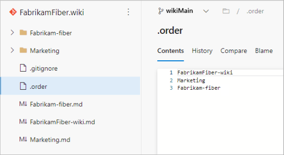 Screenshot of a wiki folder and file list in a Git repository. The .order file is open and shows the definition for the TOC page sequence.