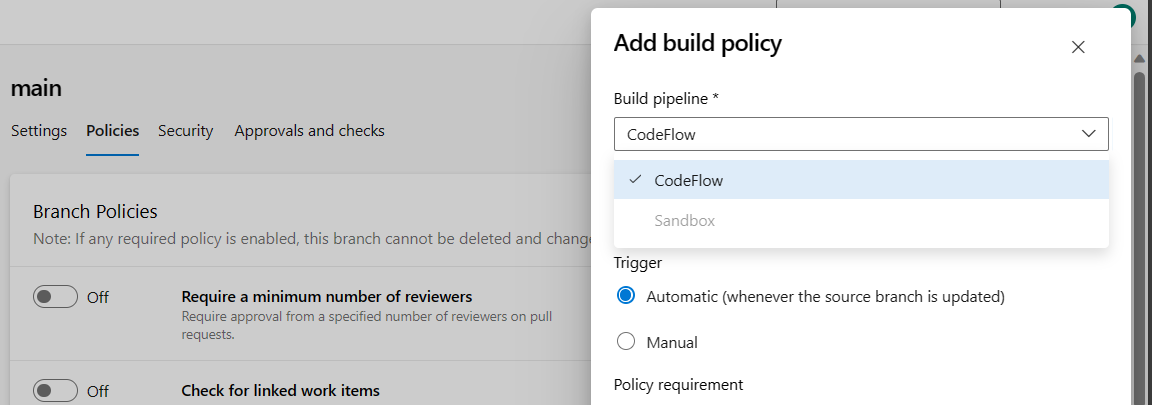Screenshot of add build policy Screenshot of add build policy.