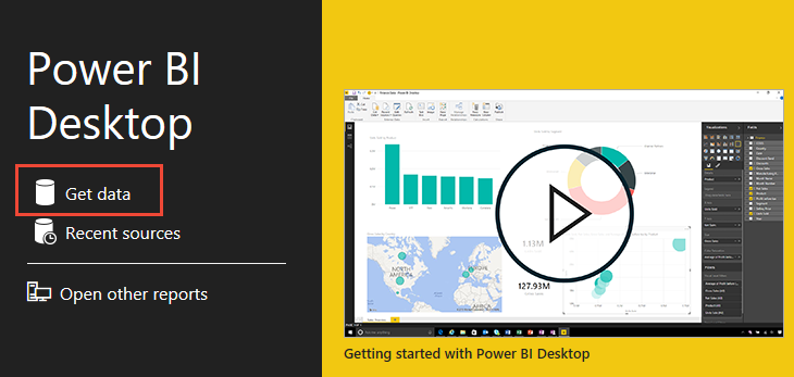 Screenshot of Power BI Desktop with Get data option highlighted on the startup screen and Home ribbon.