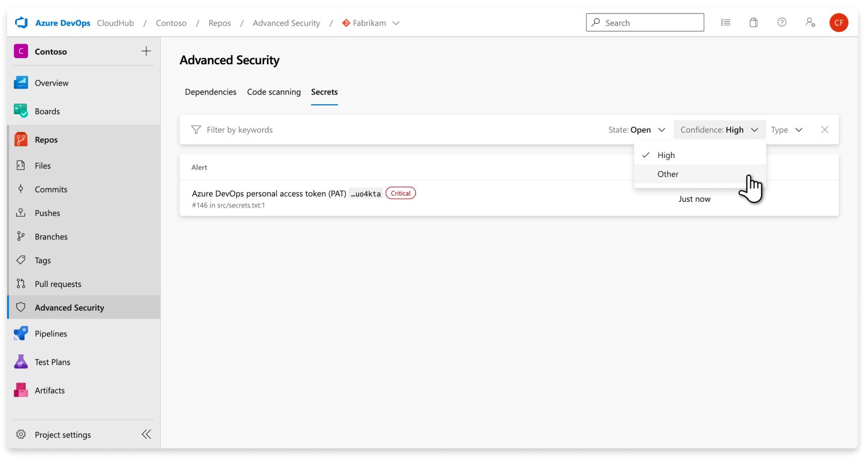 Screenshot of GitHub Advanced Security secret scanning confidence filter.