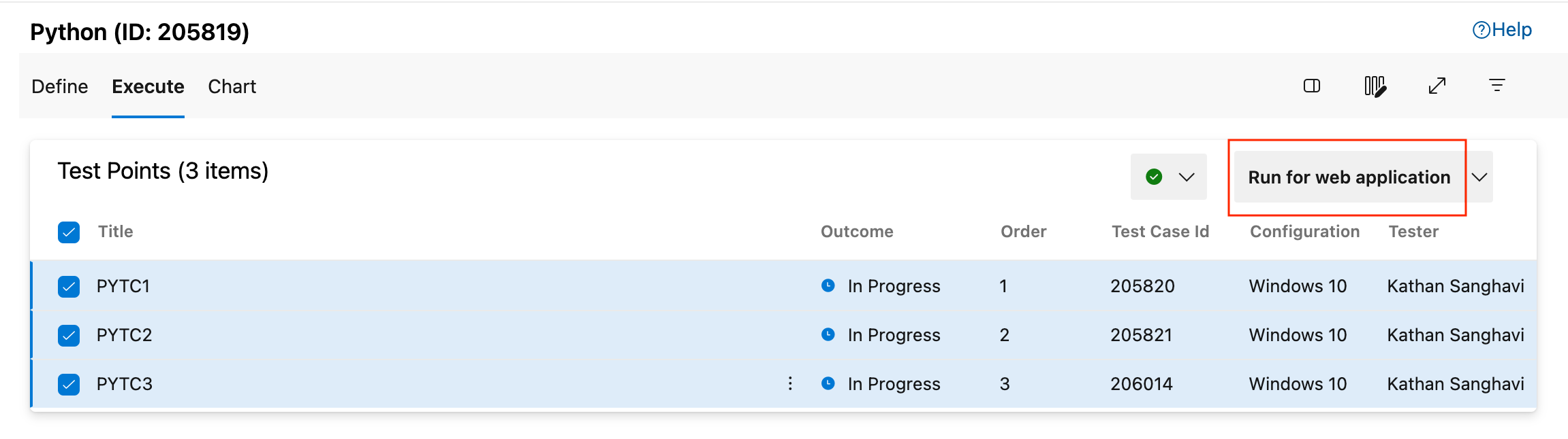 Screenshot shows selecting Run test.