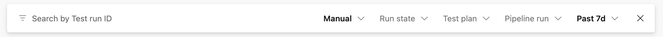 Screenshot showing the search bar with dropdown filters for test runs.